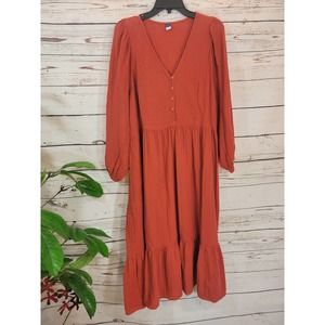 Old Navy Orange Summer Sienna Long Sleeve Tiered Dress Prairie cottage XL